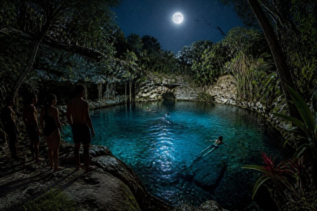 explora las mágicas excursiones nocturnas en cenotes bajo la luz de la luna llena y vive una experiencia única e inolvidable.